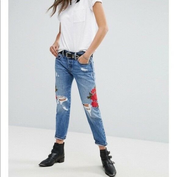 Levi's Denim - Levi's 501 Boho Jeans NWT 24" X 26" Rose Embroidered Distressed Cropped